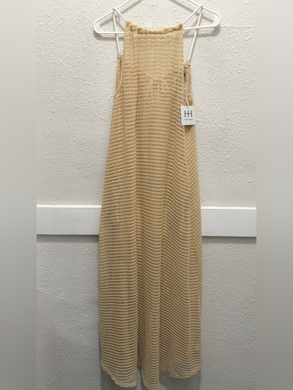 HAUTE HIPPIE Tan Crochet Open Weave Halter Maxi Dress Swim Coverup NWT Small